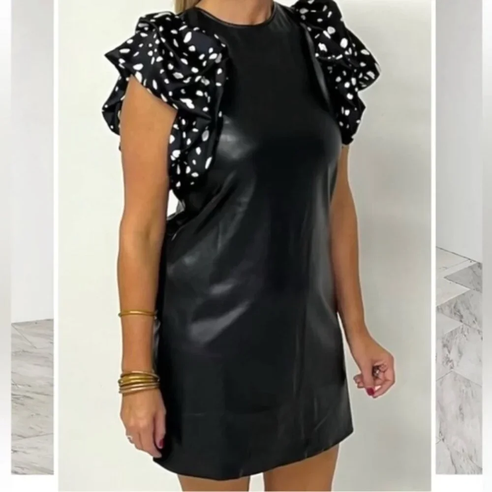 THML Lucia Mini Dress Faux Leather Polka Dot Ruffle Sleeves THS1220-1-BK SMALL - Picture 3 of 12